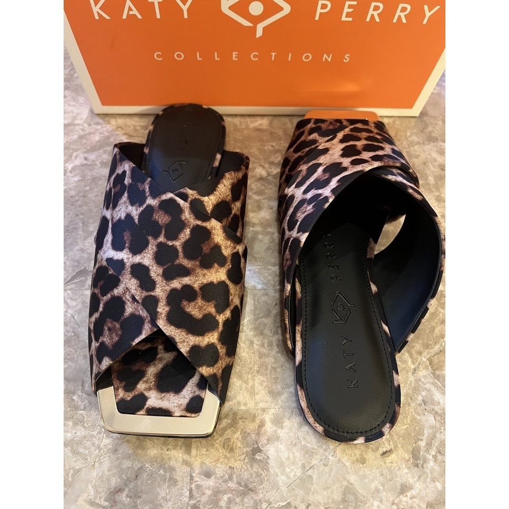 Checked In Slide Sandal Shoe Sz 9 Leopard Print Satin Gold NEW Women Katy Perry - Picture 2 of 7